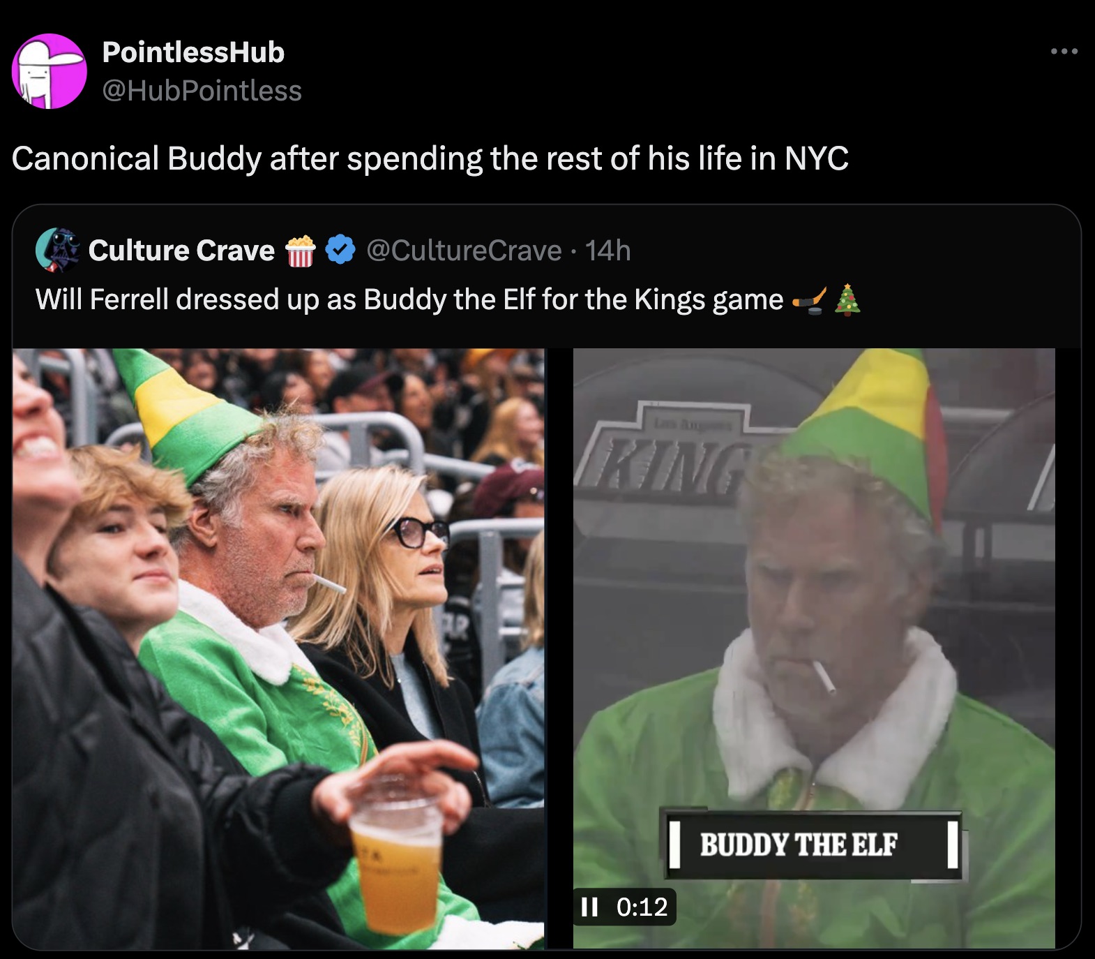 screenshot - PointlessHub Canonical Buddy after spending the rest of his life in Nyc Culture Crave 14h Will Ferrell dressed up as Buddy the Elf for the Kings game! Kings Ii | Buddy The Elf